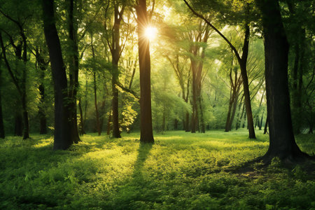 Sunlight in the green forest, spring time. Natural background.の素材
