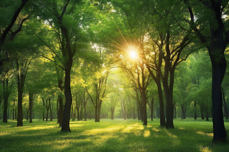 Sunset in the green forest with sun rays through tree trunksの素材