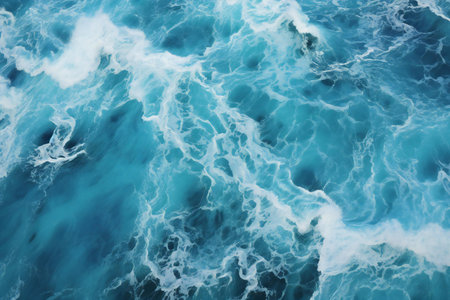 Blue ocean water background with white splashes and waves. Top view.の素材