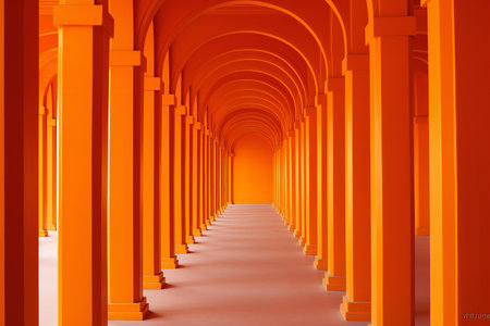 Orange corridor with arches and columns,の素材