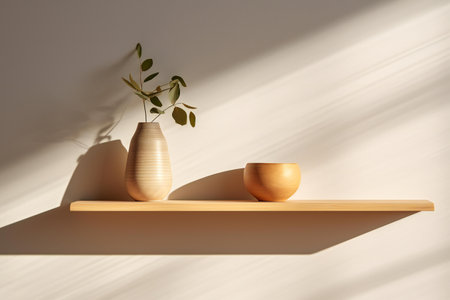 Wooden vases on shelf in sunlight. Minimal interior designの素材