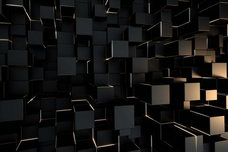 Abstract of chaotic black cubes in empty space. Dark background with glowing lines.の素材