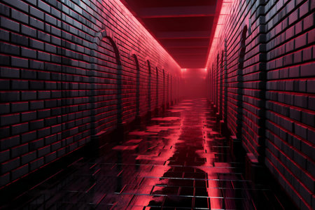 Abstract illustration of a dark corridor with red brick walls.の素材