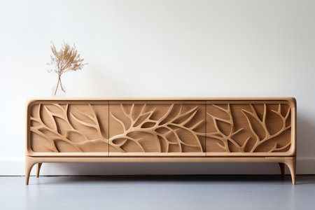 Wooden chest of drawers on white wall, interior design conceptの素材