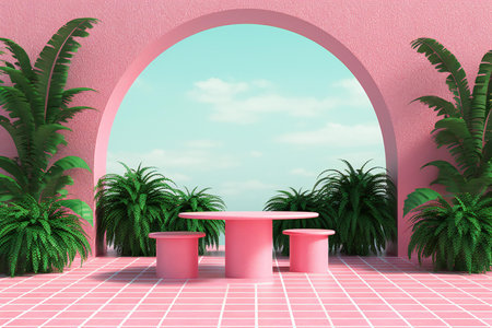 pink podium and palm trees on the pink floor.の素材