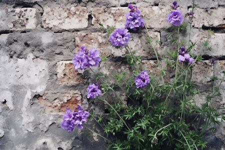 Lavender flowers on old brick wall background. Purple flowers in garden.の素材