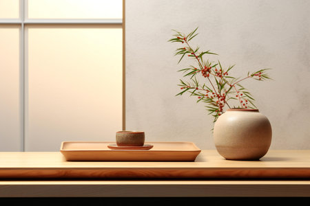 vase with plant and coffee cup on wooden tableの素材