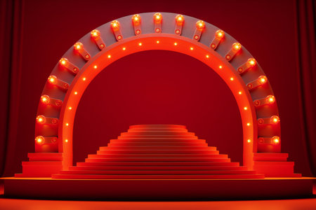 Stage podium with lighting, Stage Podium Scene with for Award Ceremony on red Background,の素材