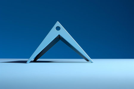 metal triangle on blue background with copy space.の素材