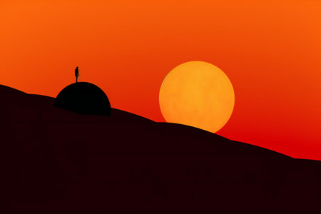 Silhouette of a Muslim man praying on the hill at sunsetの素材