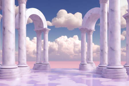 illustration of white columns on pink background with sky and cloudsの素材
