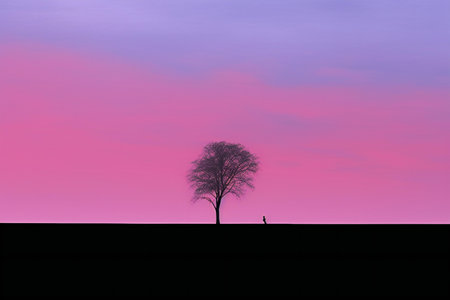 Silhouette of a tree at sunset in purple and pink colorsの素材