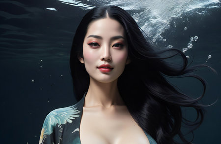 Beautiful asian woman with long black hair in the deep seaの素材