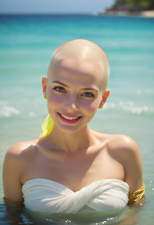Portrait of a beautiful young woman in white dress on the beachの素材