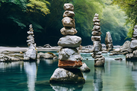 Stone cairn in the river. Zen stones in the river.の素材