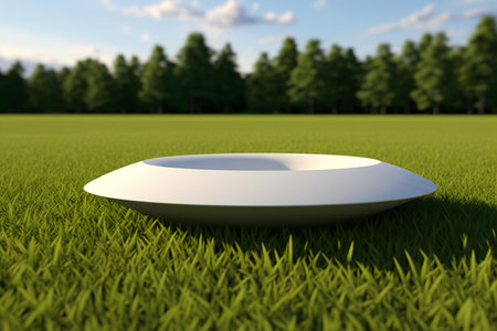 a white round podium on a green grass fieldの素材