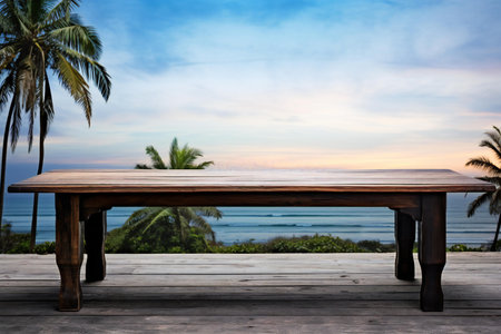 Wooden table top with coconut tree and sea background. For product displayの素材