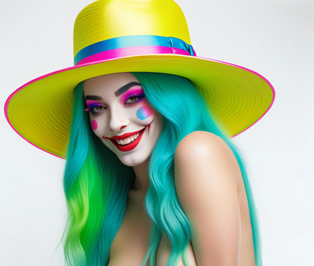 Beautiful girl with bright make-up and hat.の素材