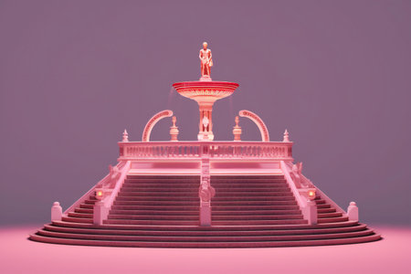 Fountain and stairs on purple background. Retro style.の素材