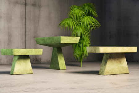 a green table and a palm tree on a concrete backgroundの素材