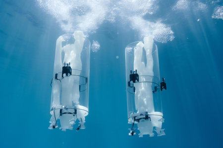 Underwater view of a couple of scuba divers in the waterの素材