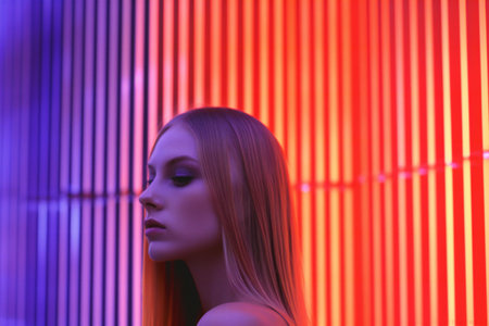 Portrait of a beautiful girl with long hair in a neon lightの素材
