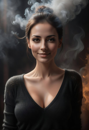 Portrait of a beautiful young woman with smoke in her hair.の素材