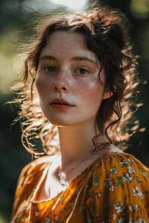 Portrait of a beautiful young girl with freckles on her faceの素材