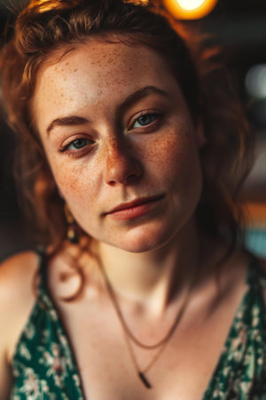 Portrait of a young woman with freckles on her faceの素材