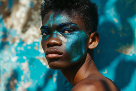 Close-up portrait of a young african american woman with blue makeupの素材