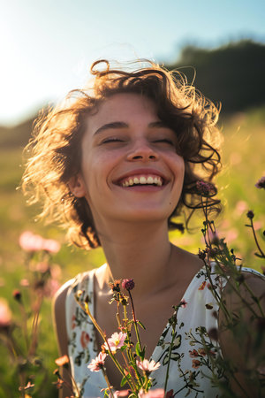 Smiling young woman with bouquet of flowers in field at sunsetの素材