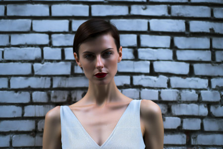 Beautiful young woman in white dress on brick wall background.の素材