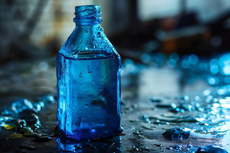 Bottle of water on the floor with water drops, close upの素材