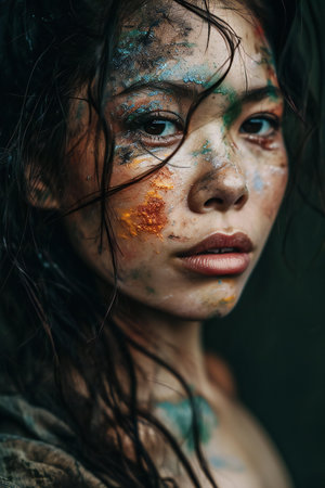 Portrait of a beautiful girl with painted face and wet hair.の素材