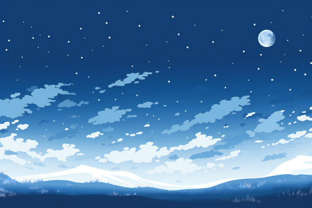 Night landscape with moon, stars and meadow.の素材