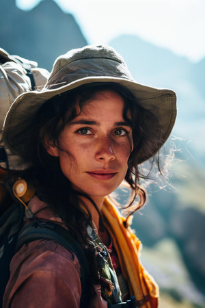 Portrait of a young woman with backpack hiking in the mountains.の素材