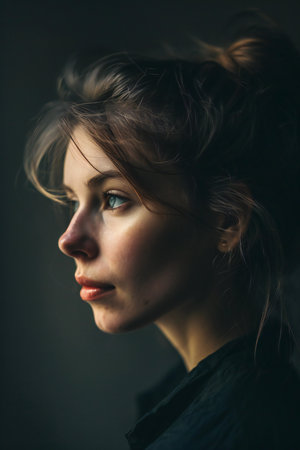 Portrait of a beautiful young woman with long hair on a dark backgroundの素材