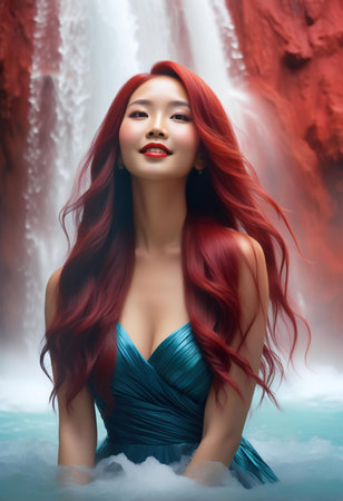 Beautiful asian woman with long red hair in the water.の素材