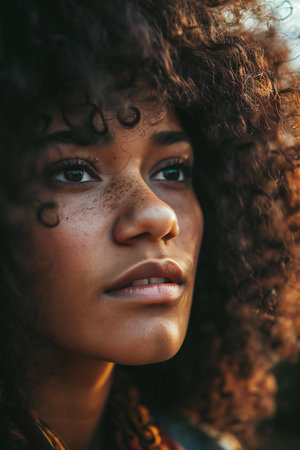 Close up portrait of a beautiful african american woman with curly hairの素材