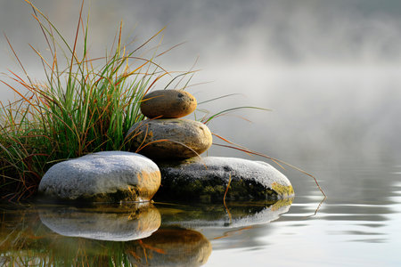 zen stones on the water with fog in the background, closeup of photoの素材