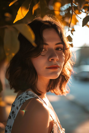 Portrait of a beautiful young woman in the park at sunset.の素材