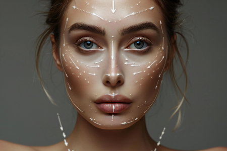 Young beautiful woman face with arrows on it. Before and after cosmetic surgery.の素材
