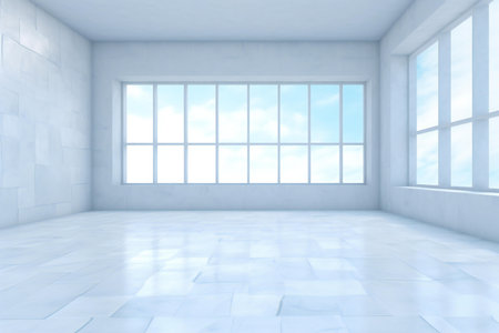 Empty room with window and sky background.の素材