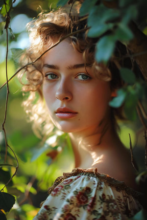 Close-up portrait of a beautiful girl with blond curly hair on a background of green foliageの素材