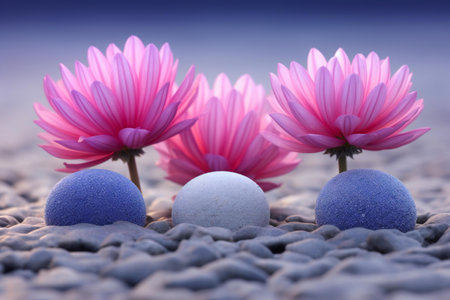 Pink and blue daisies on the pebbles at sunsetの素材