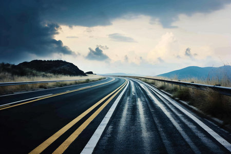 Highway with blue sky and clouds. Collage. Toned.の素材