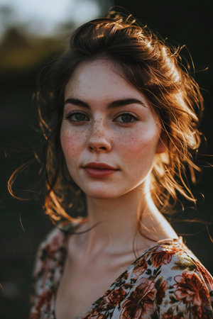 Portrait of a beautiful young woman with freckles on her faceの素材