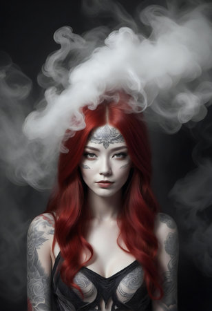 Portrait of a beautiful redhead woman with smoke on her faceの素材