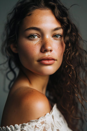 Portrait of a beautiful young girl with curly hair in a white dressの素材
