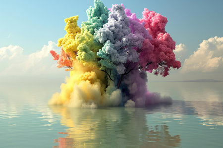 colorful tree in the water with smoke clouds.の素材